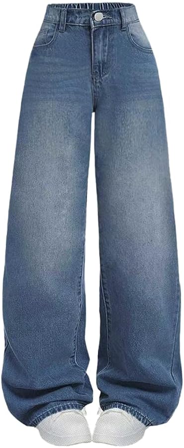 Nivne Tco Tween Girls Wide Leg Jeans - Zipper Fly and Pockets, Elastic Waistband Cute Baggy Denim Pants for Girls Clothing