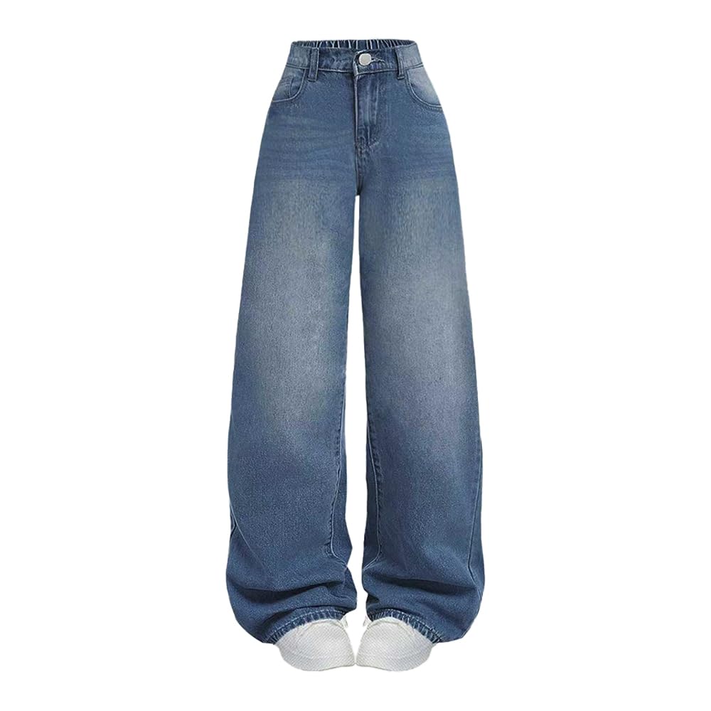Nivne Tco Tween Girls Wide Leg Jeans - Zipper Fly and Pockets, Elastic Waistband Cute Baggy Denim Pants for Girls Clothing