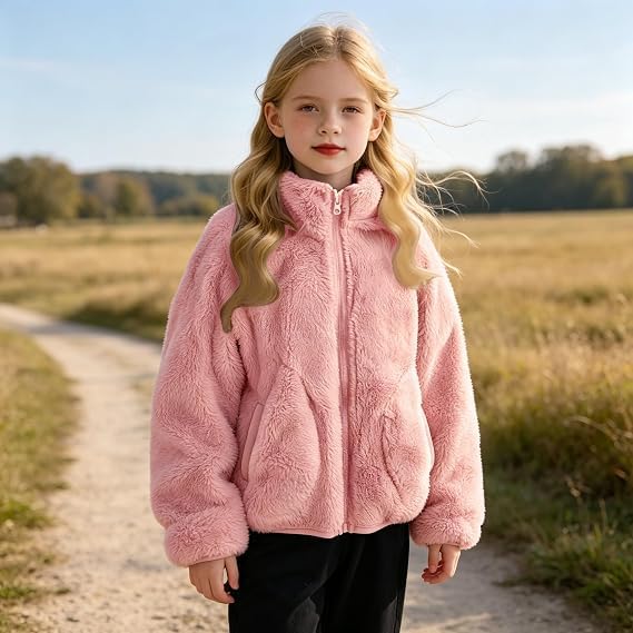 Girls Fleece Jacket Warm Winter Zip Up Stand Collar Sherpa Coat