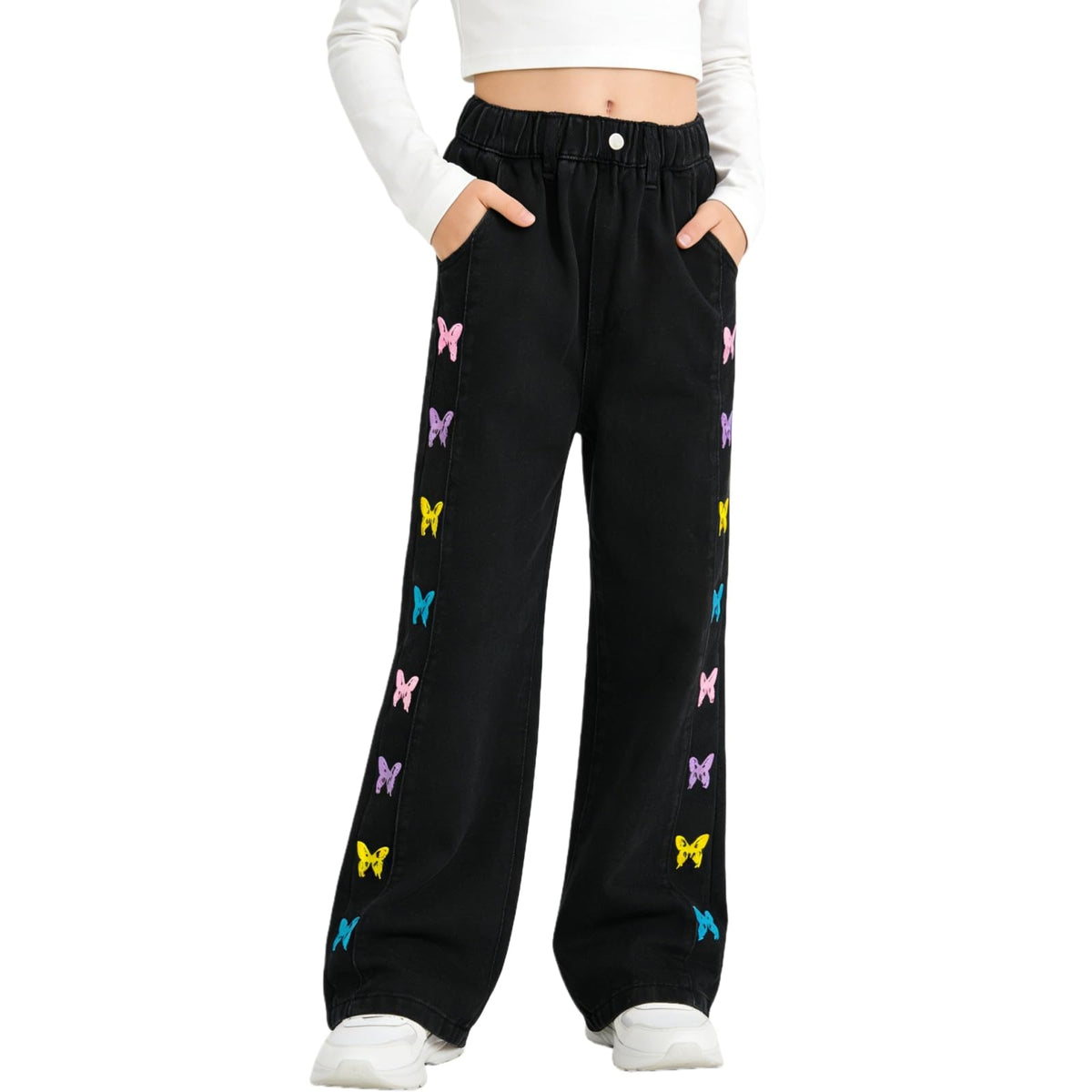 Rolanko Girls Jeans Denim Elastic Wasit Wide Leg Baggy Pants Kids Clothes 4-14 Years