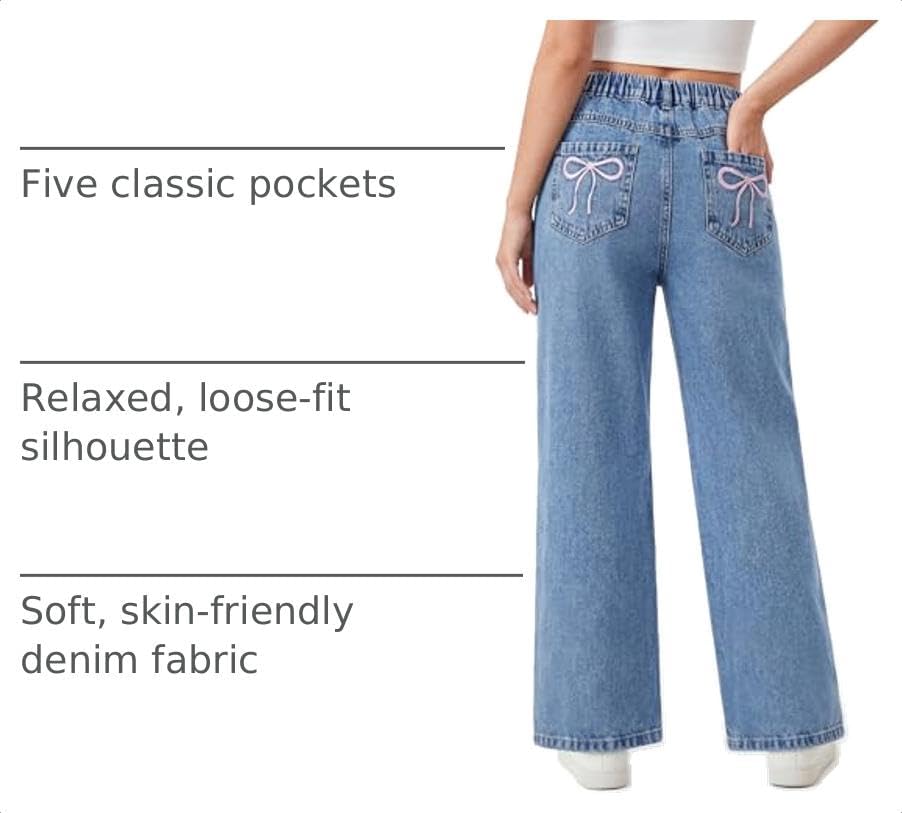 PATPAT Girls Baggy Wide Leg Jeans 5-14Y, Cute Bow Elastic Waist Denim Pants