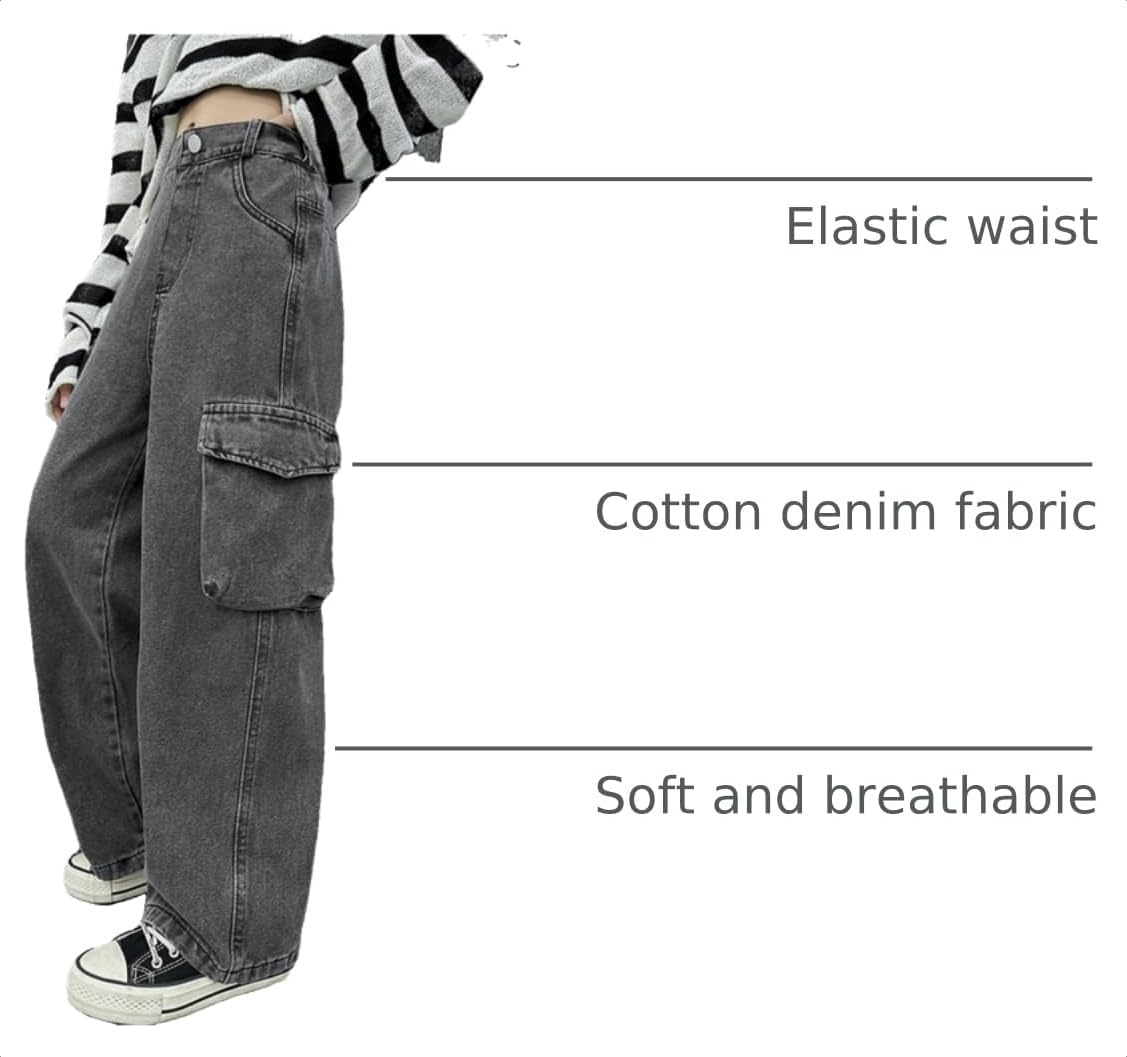 AOWKULAE Girls Baggy Jeans Wide Leg Cargo Denim Pants Kids 5-16Y