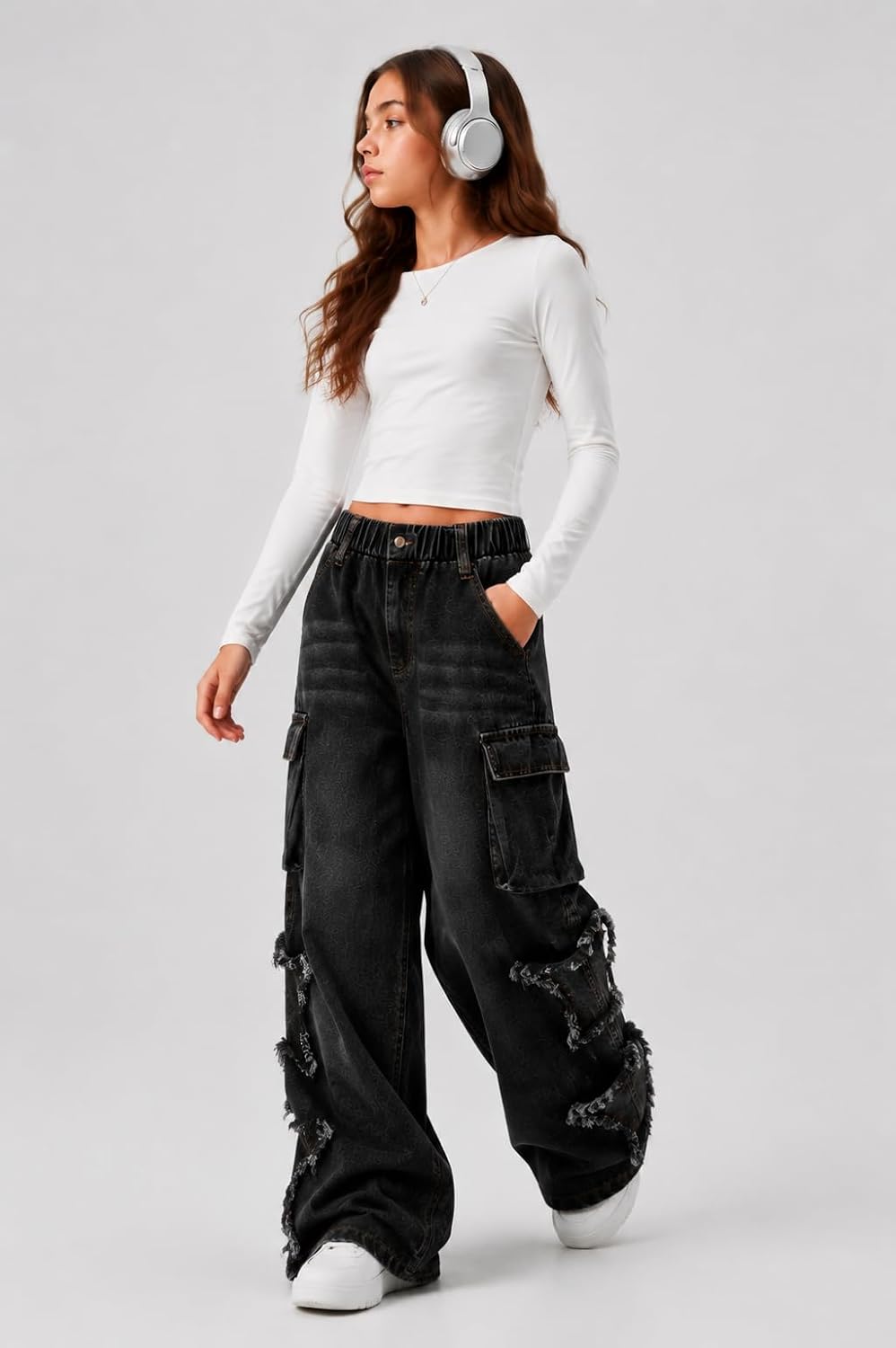 Girls Wide Leg Jeans Elastic Waist Baggy Denim Cargo Pants Size 7-14