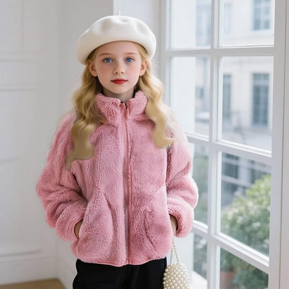 Girls Fleece Jacket Warm Winter Zip Up Stand Collar Sherpa Coat