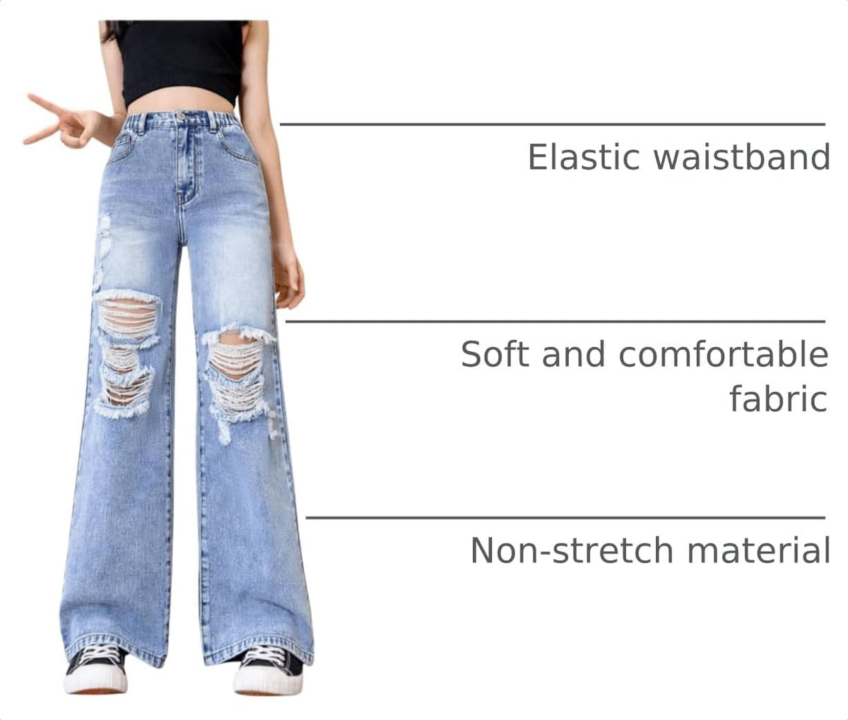 Floerns Girl's Elastic High Waisted Ripped Baggy Jeans Wide Leg Distressed Denim Pants