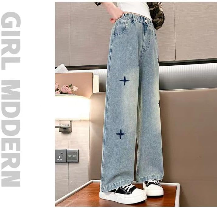 New Spring and Autumn Girls' Jeans, Children's Loose Casual Cowboy Wide Leg Pants Blue