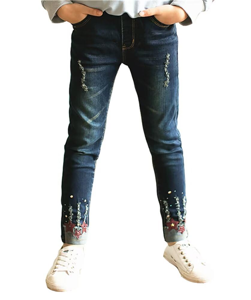 Big Girls Kids Distressed Ripped Hole Teens Jean Blue Cat Slim Denim Pants