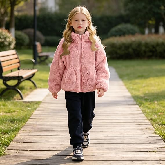 Girls Fleece Jacket Warm Winter Zip Up Stand Collar Sherpa Coat
