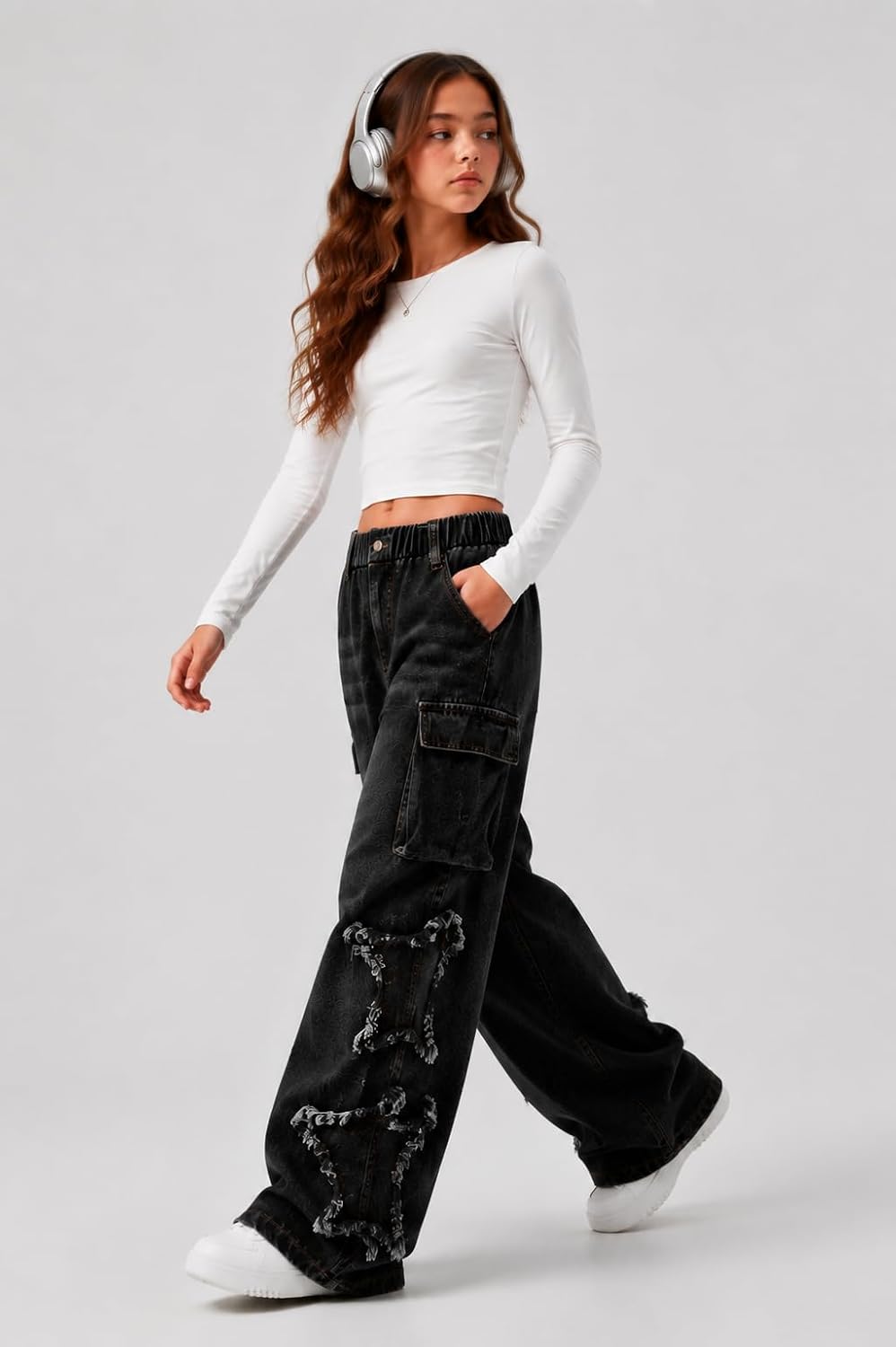 Girls Wide Leg Jeans Elastic Waist Baggy Denim Cargo Pants Size 7-14