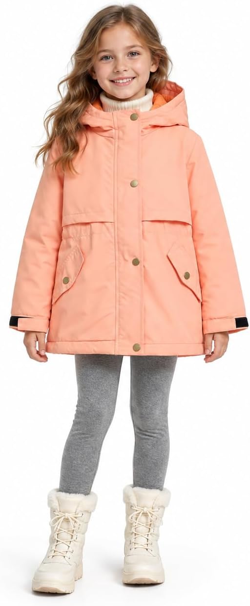 JiAmy Girls Fleece Lined Hooded Jacket Adjustable Waist School Coat 4-14Y