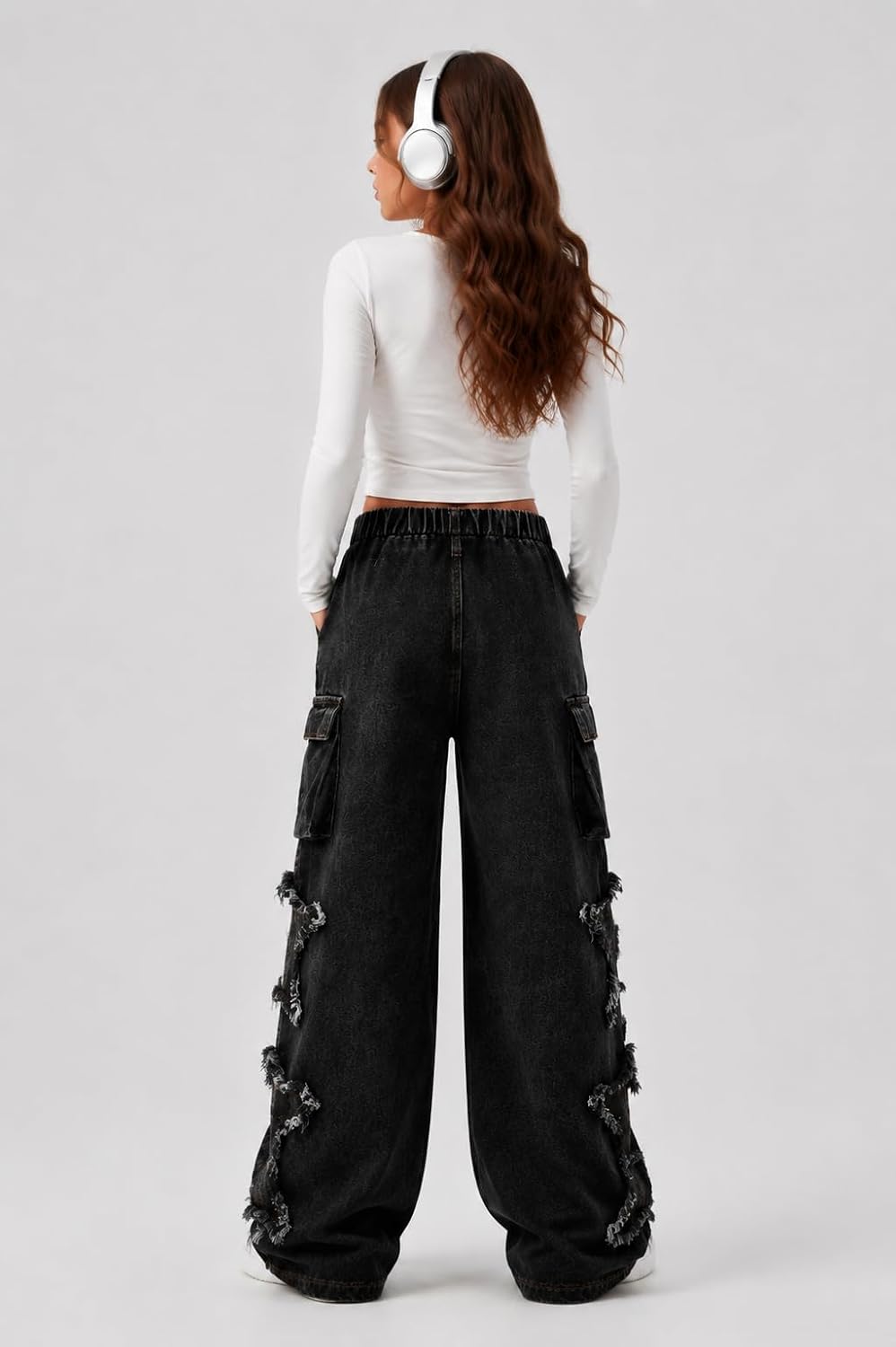 Girls Wide Leg Jeans Elastic Waist Baggy Denim Cargo Pants Size 7-14