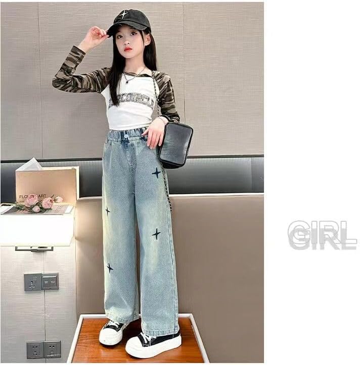New Spring and Autumn Girls' Jeans, Children's Loose Casual Cowboy Wide Leg Pants Blue