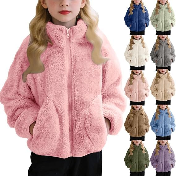 Girls Fleece Jacket Warm Winter Zip Up Stand Collar Sherpa Coat