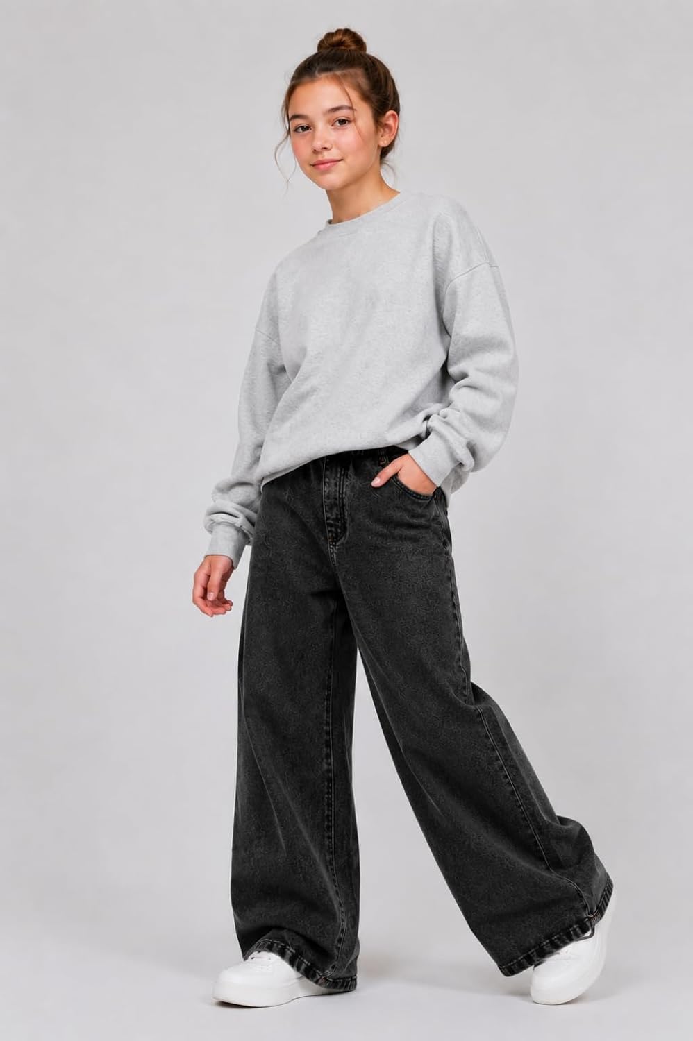 Girls 2 Pack Jeans Wide Leg High Waist Denim Pants with Elastic Waist, Loose Fit Jeans for School Size 7-16