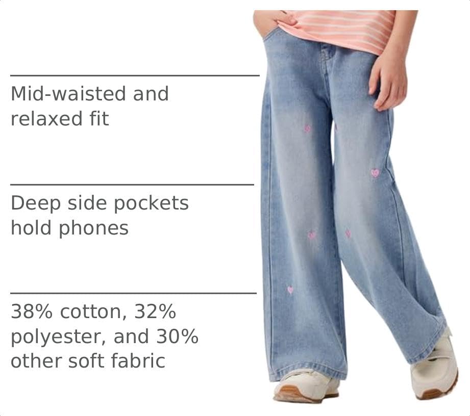 Girls Jeans Embroidery High Elastic Waist Denim Pants with Pockets Y2K Trendy Tween Streetwear 5-14 Years