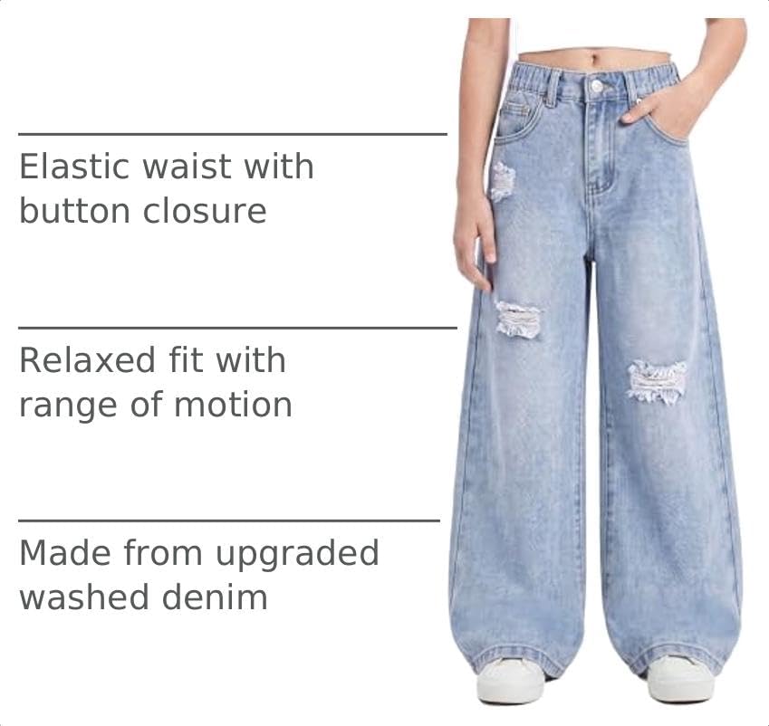 PATPAT Girls Baggy Ripped Jeans 5-14Y, Elastic Waist Wide Leg Denim Pants