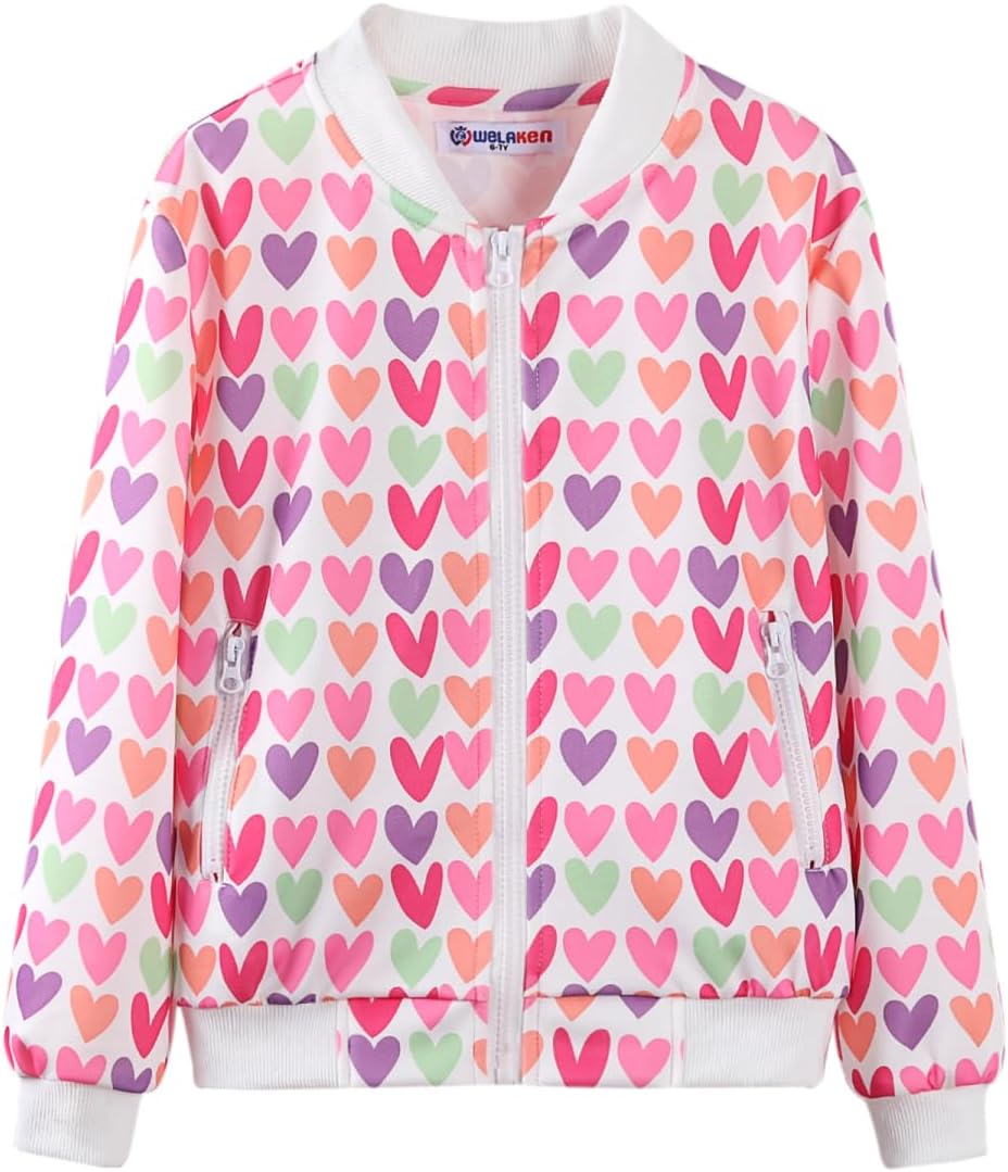 WELAKEN Girls Lightweight Bomber Jacket Floral Print Full Zip Outwear Jacket with Pockets