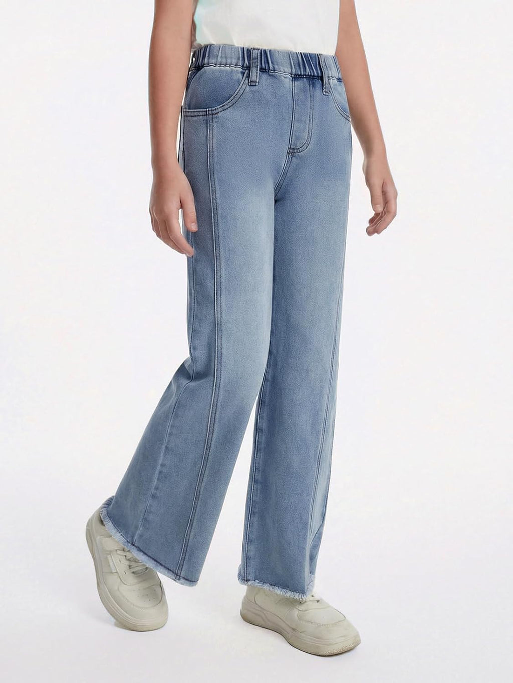 Haloumoning Girls Flare Jeans Kids Bow Print Back Elastic High Waist Wide Leg Denim Pants with Pockets 5-14 Years