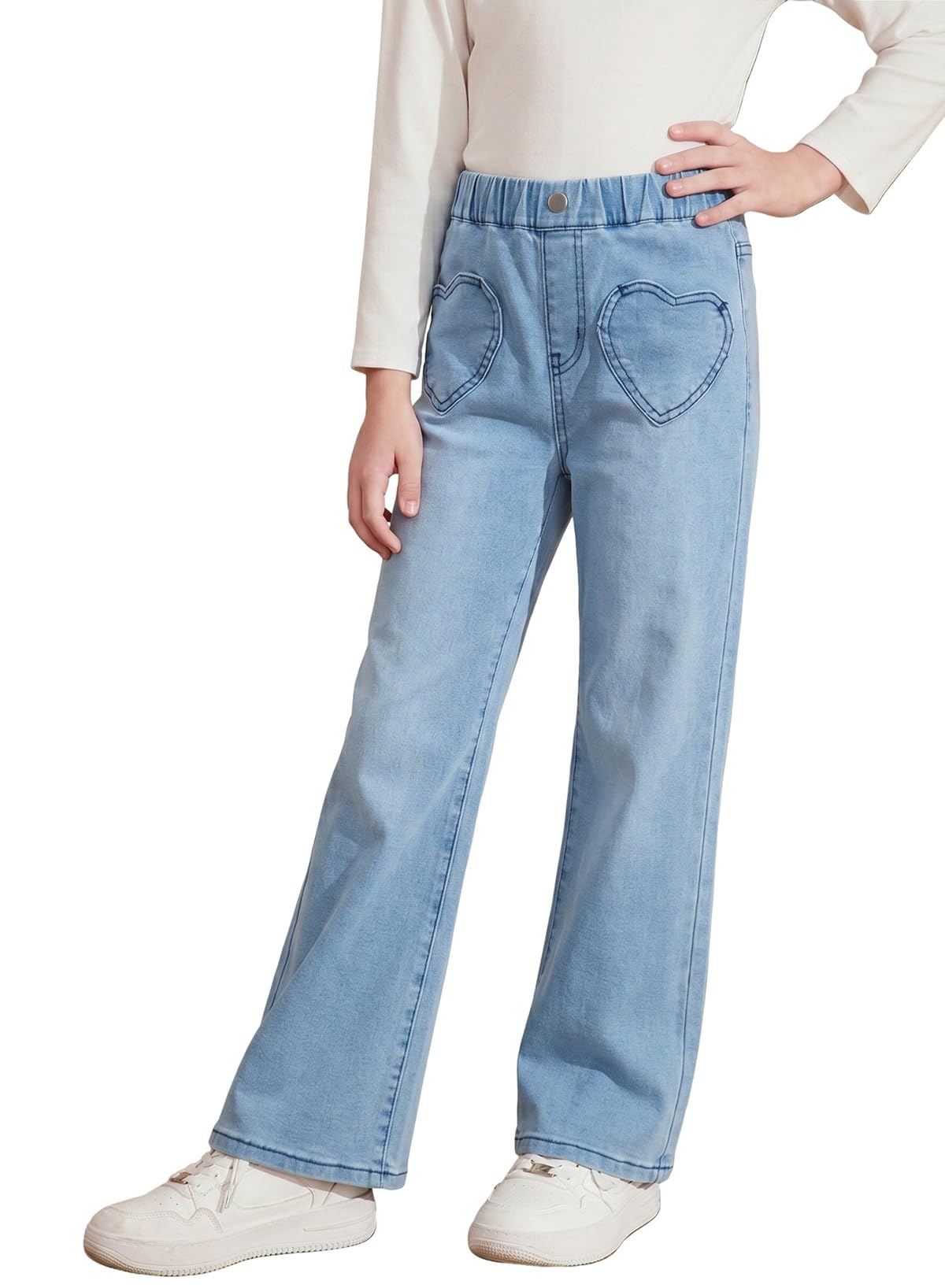blibean Girls Straight Leg Jeans Cute Heart Pockets Denim Pants Size 6-15