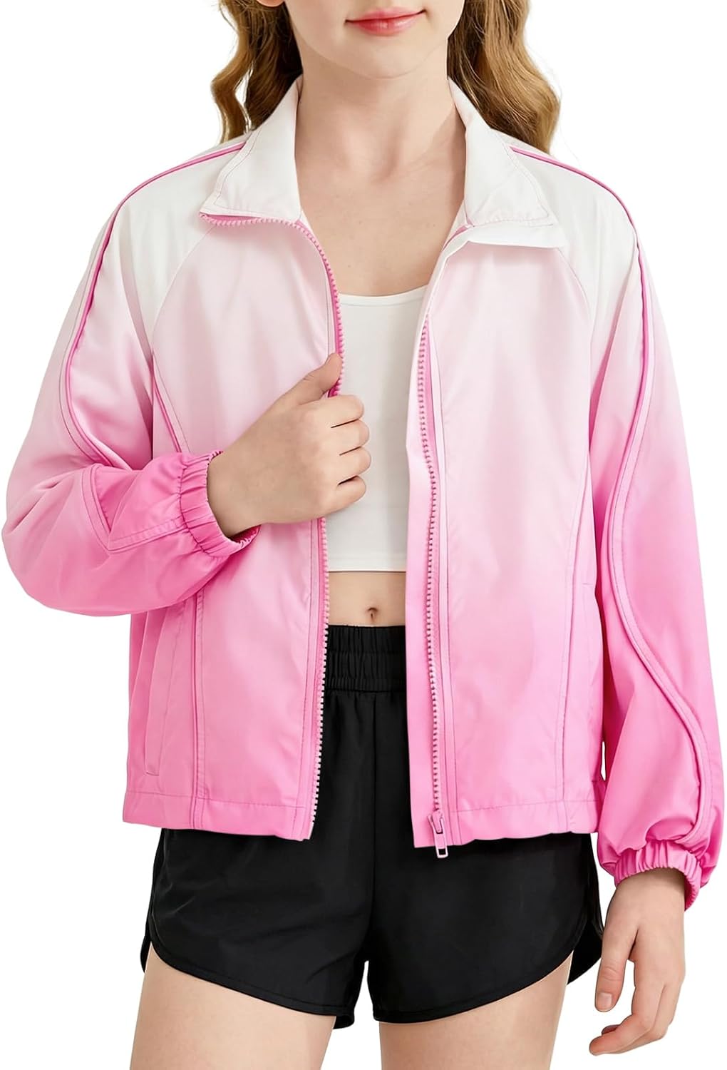 Haloumoning Girls Gradient Lightweight Jacket Kids Stand Collar Spring Fall Jackets with Pockets 5-14 Years