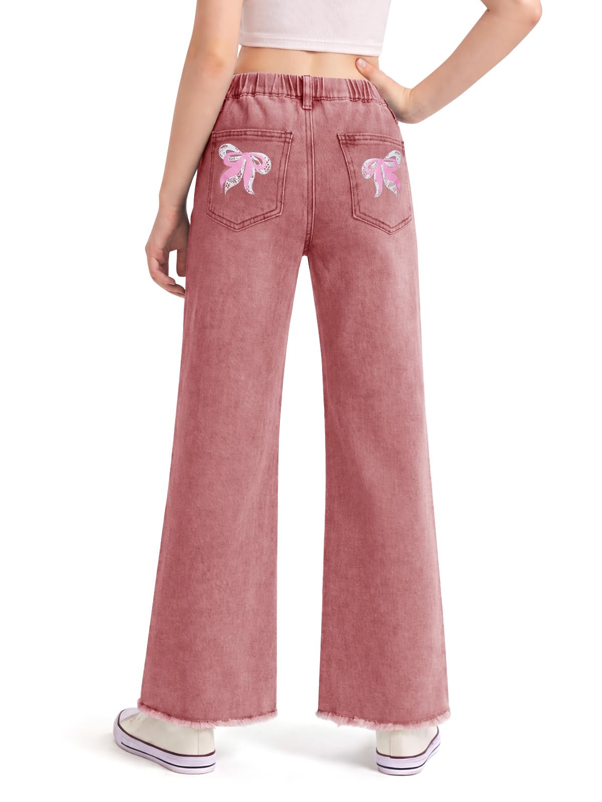 Haloumoning Girls Flare Jeans Kids Bow Print Back Elastic High Waist Wide Leg Denim Pants with Pockets 5-14 Years