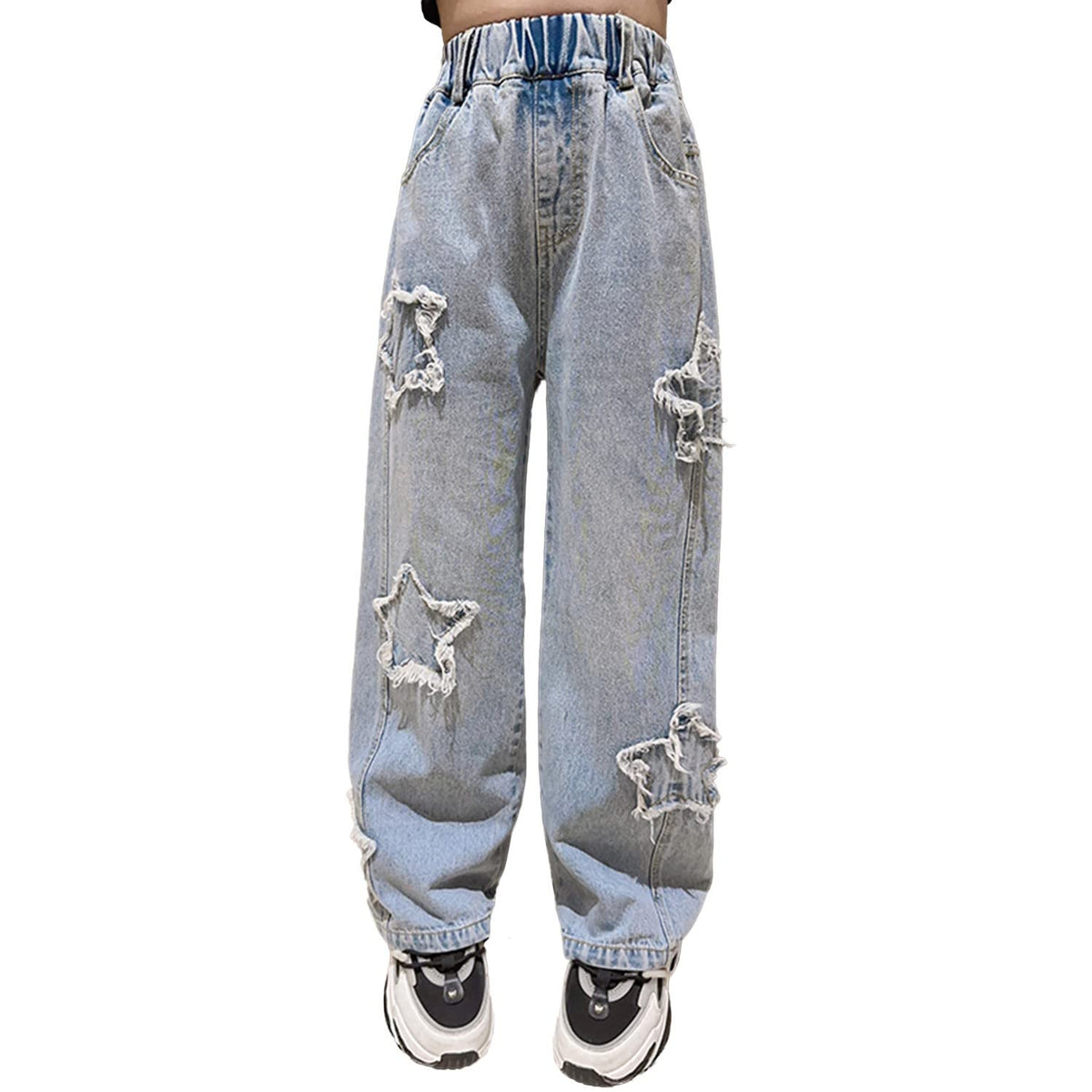 Rolanko Girls Jeans Denim Elastic Wasit Wide Leg Baggy Pants Kids Clothes 4-14 Years