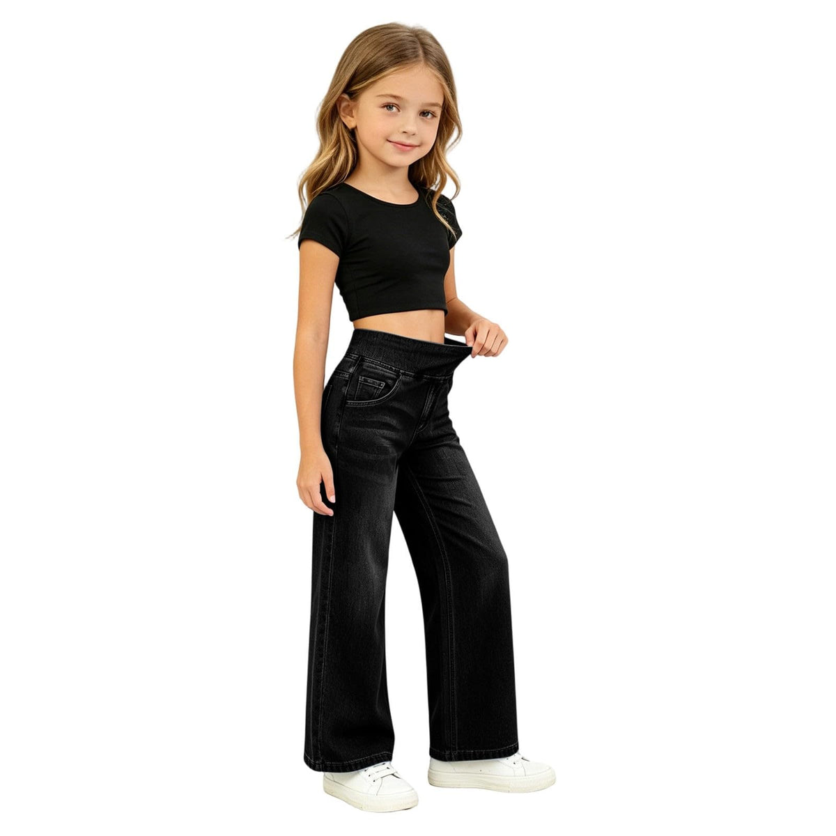 Wide Leg Jeans Teen Girls Elastic Waist Pull on Stretchy Straight Leg Denim Pants High Waisted Tummy Control Sweatpants Jean