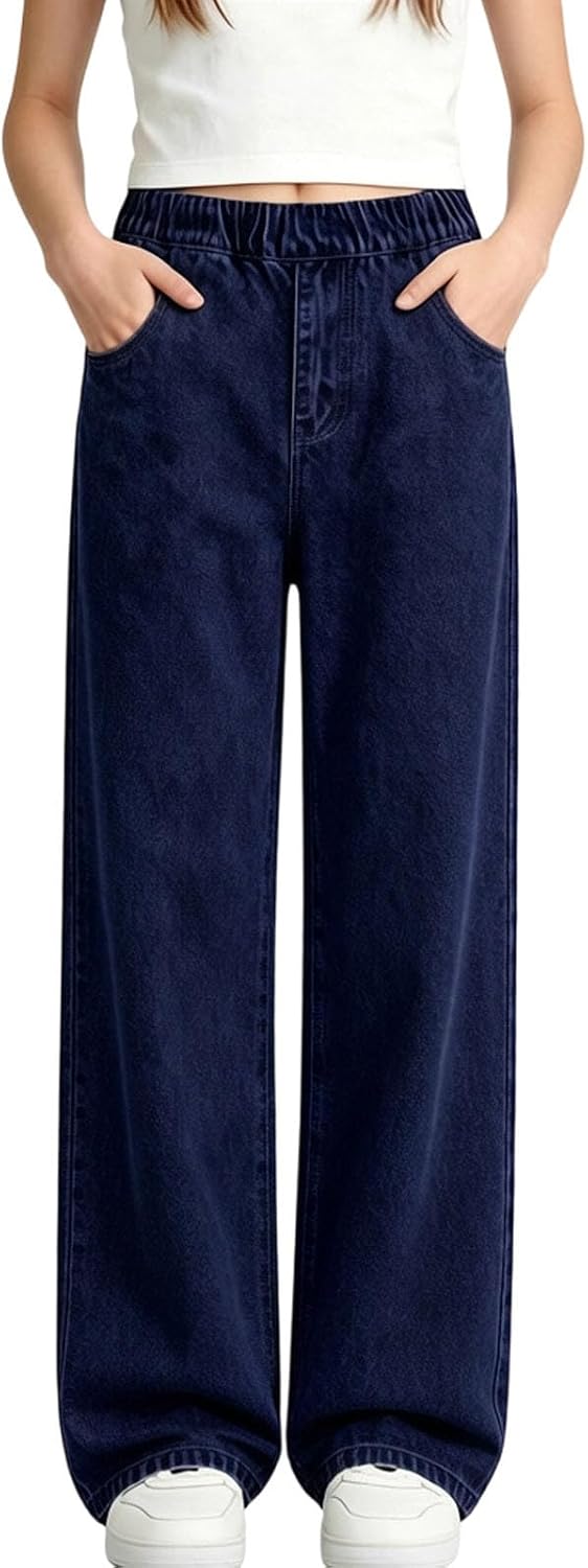 Girls Jeans Trendy Elastic Waist Straight Leg Denim Pants Kids Teen Clothes