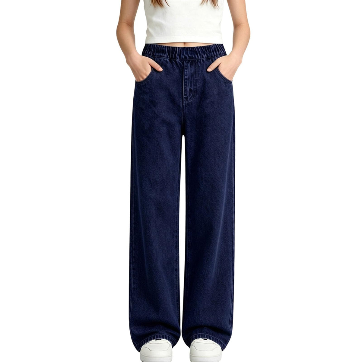 Girls Jeans Trendy Elastic Waist Straight Leg Denim Pants Kids Teen Clothes