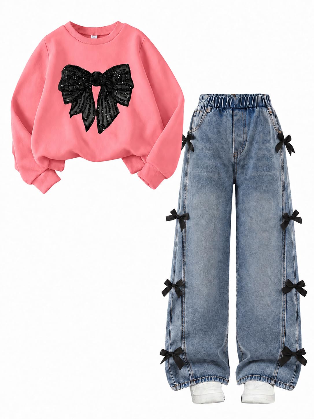 Cakaner Girls Clothes 2 Piece Fall Outfit Set Bow Long Sleeve Top and Denim Jeans Size 6-12