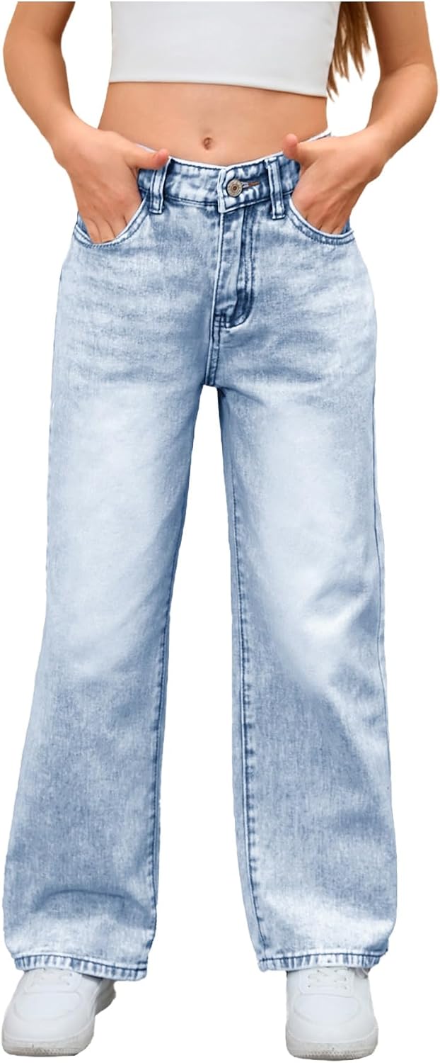 MakeMeChic Girl's Baggy Jeans Wide Straight Leg Denim Pants Kids 4-16Y