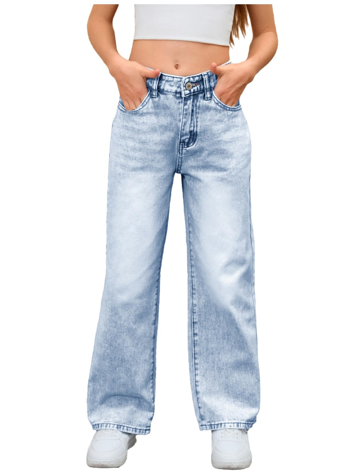 MakeMeChic Girl's Baggy Jeans Wide Straight Leg Denim Pants Kids 4-16Y