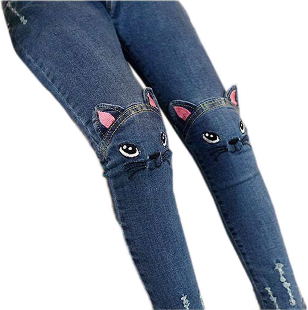 Big Girls Kids Distressed Ripped Hole Teens Jean Blue Cat Slim Denim Pants