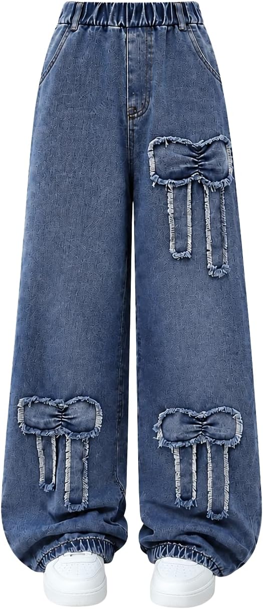 Tween Girls' Jeans Casual Elastic Waist Straight-Leg Denim Pants with Bowknot for Girls Y2K Boyfriend Skater Streetwear 7-14Y