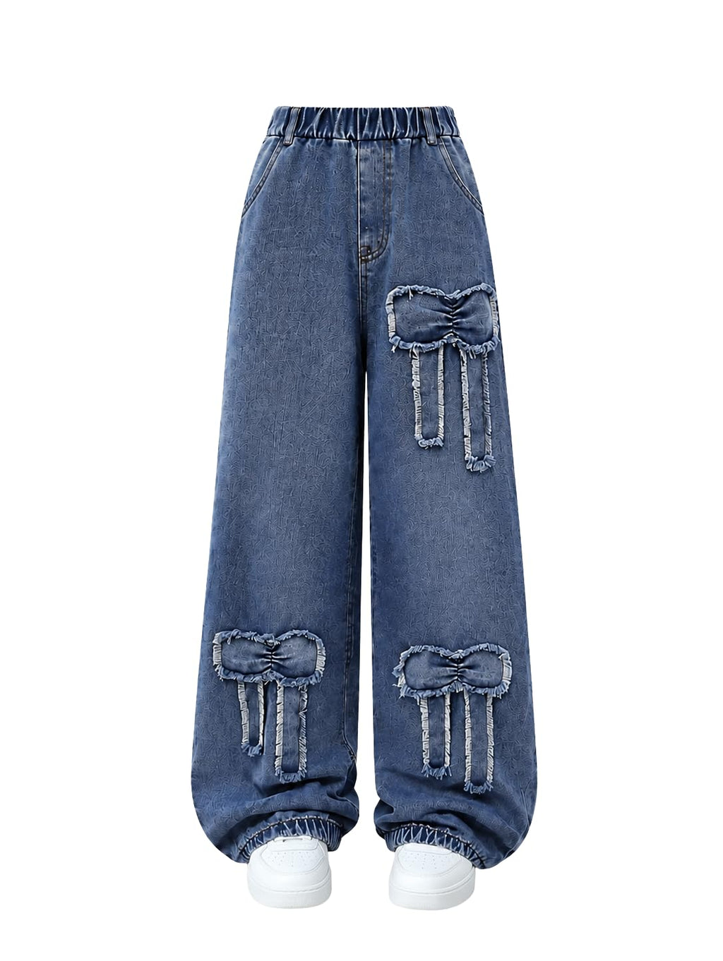 Tween Girls' Jeans Casual Elastic Waist Straight-Leg Denim Pants with Bowknot for Girls Y2K Boyfriend Skater Streetwear 7-14Y