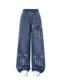 Tween Girls' Jeans Casual Elastic Waist Straight-Leg Denim Pants with Bowknot for Girls Y2K Boyfriend Skater Streetwear 7-14Y