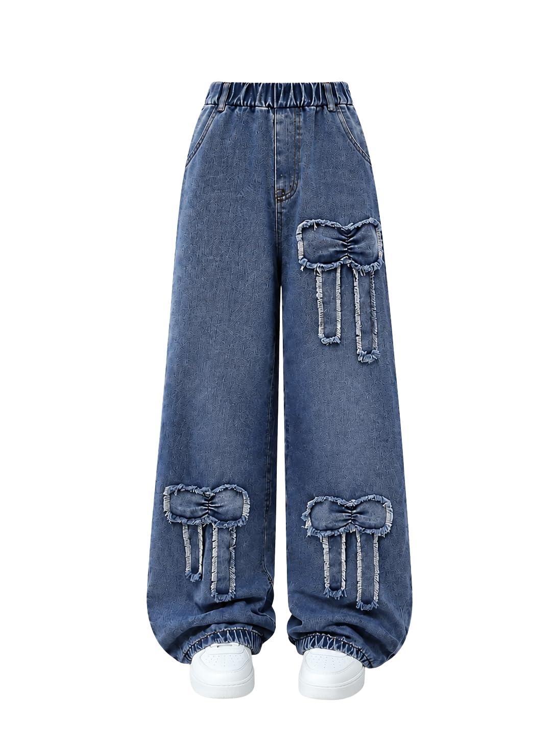 Tween Girls' Jeans Casual Elastic Waist Straight-Leg Denim Pants with Bowknot for Girls Y2K Boyfriend Skater Streetwear 7-14Y