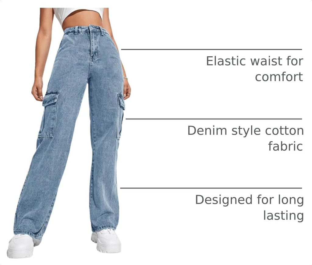 Haloumoning Girls Jeans Baggy High Waisted Wide Leg Cargo Pants 5-14 Years