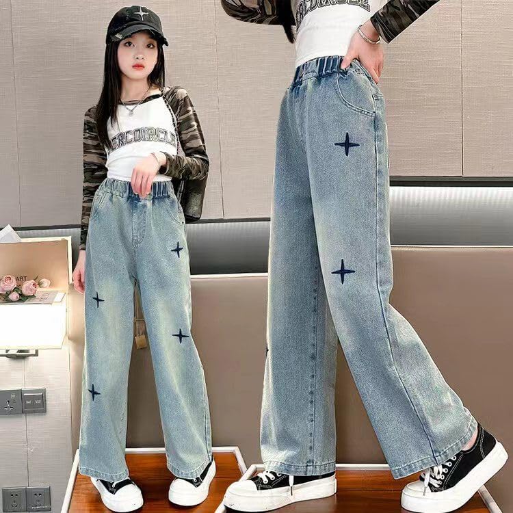 New Spring and Autumn Girls' Jeans, Children's Loose Casual Cowboy Wide Leg Pants Blue