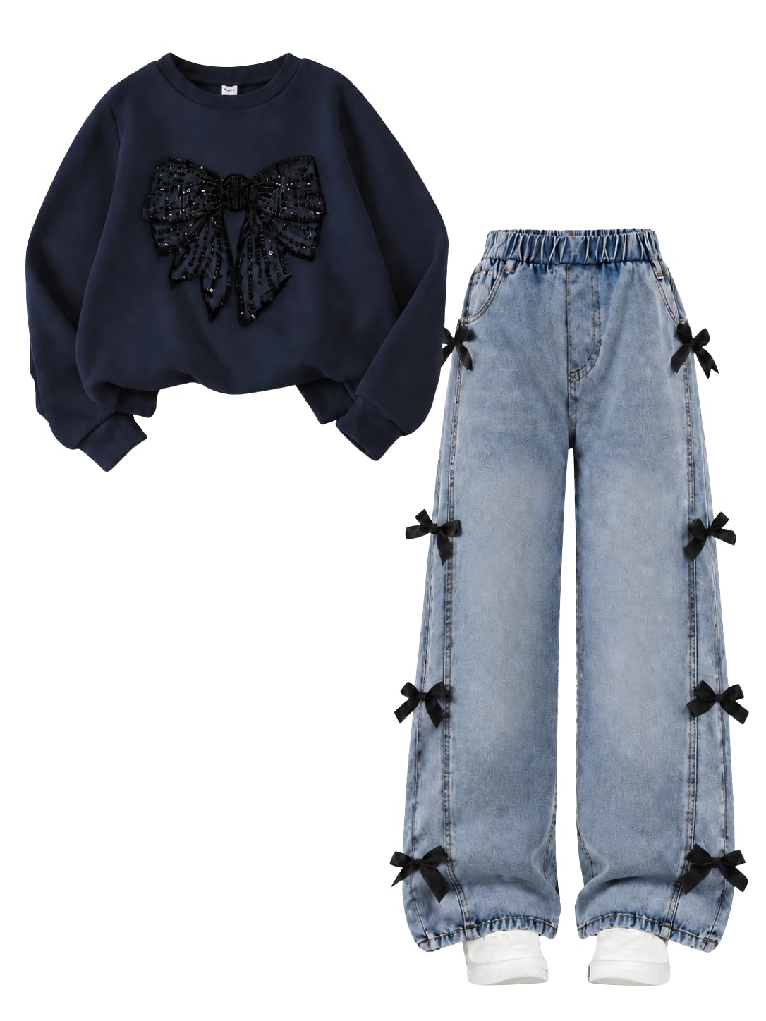 Cakaner Girls Clothes 2 Piece Fall Outfit Set Bow Long Sleeve Top and Denim Jeans Size 6-12