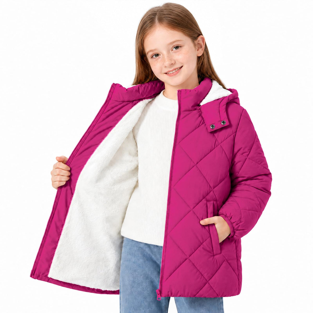Funnycokid Girls Winter Coat Fleece Lined Hooded Puffer Jacket Warm Outwear