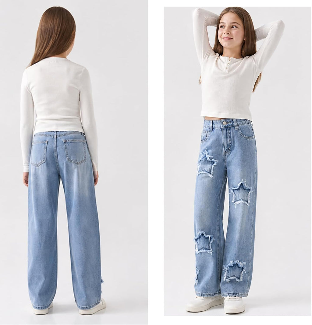 Girls Baggy Ripped Jeans Wide Straight Leg High Waisted Denim Pants 7-14Y