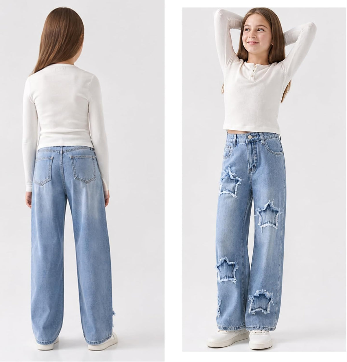 Girls Baggy Ripped Jeans Wide Straight Leg High Waisted Denim Pants 7-14Y