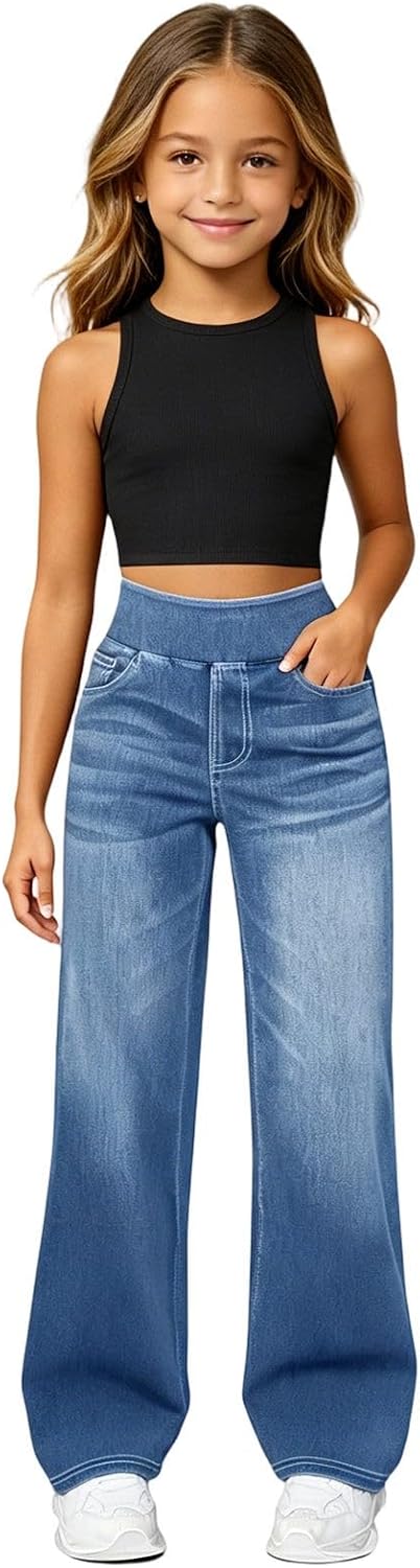 Wide Leg Jeans Teen Girls Elastic Waist Pull on Stretchy Straight Leg Denim Pants High Waisted Tummy Control Sweatpants Jean