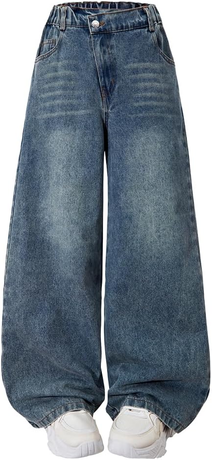 Nivne Tco Tween Girls Wide Leg Jeans, Zipper Washed Asymmetrical Waist Vintage Baggy Denim Pants with Five Pockets