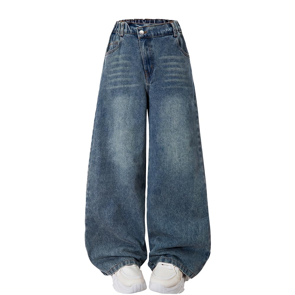 Nivne Tco Tween Girls Wide Leg Jeans, Zipper Washed Asymmetrical Waist Vintage Baggy Denim Pants with Five Pockets