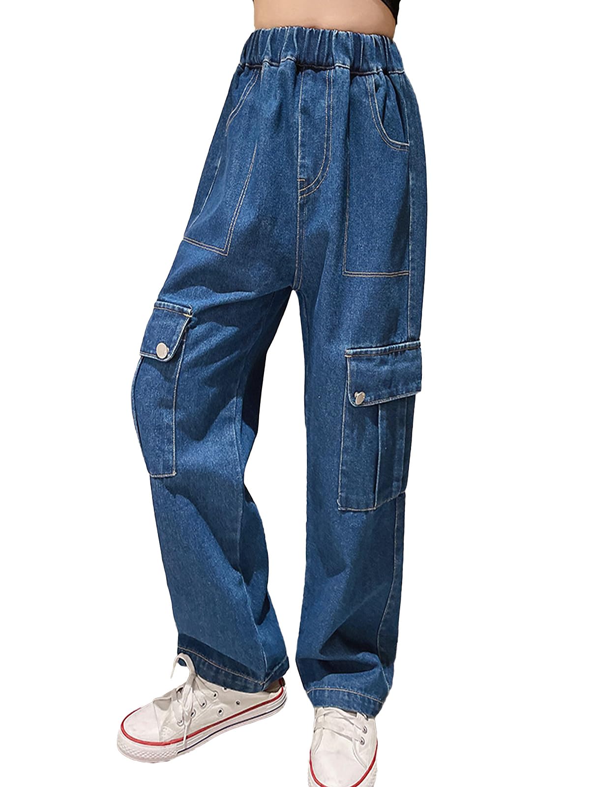 Rolanko Girls Jeans Denim Elastic Wasit Wide Leg Baggy Pants Kids Clothes 4-14 Years