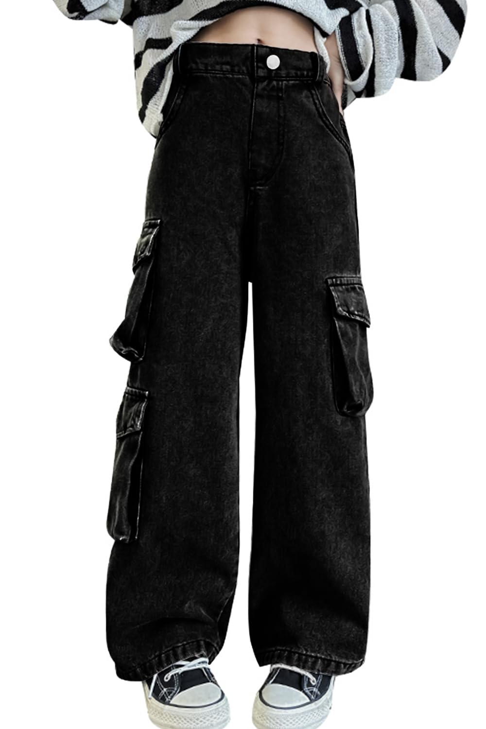 AOWKULAE Girls Baggy Jeans Wide Leg Cargo Denim Pants Kids 5-16Y