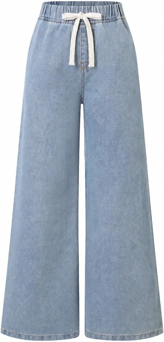 Teen Girls Wide Leg Jeans High Waist Drawstring Denim Pants with Pockets