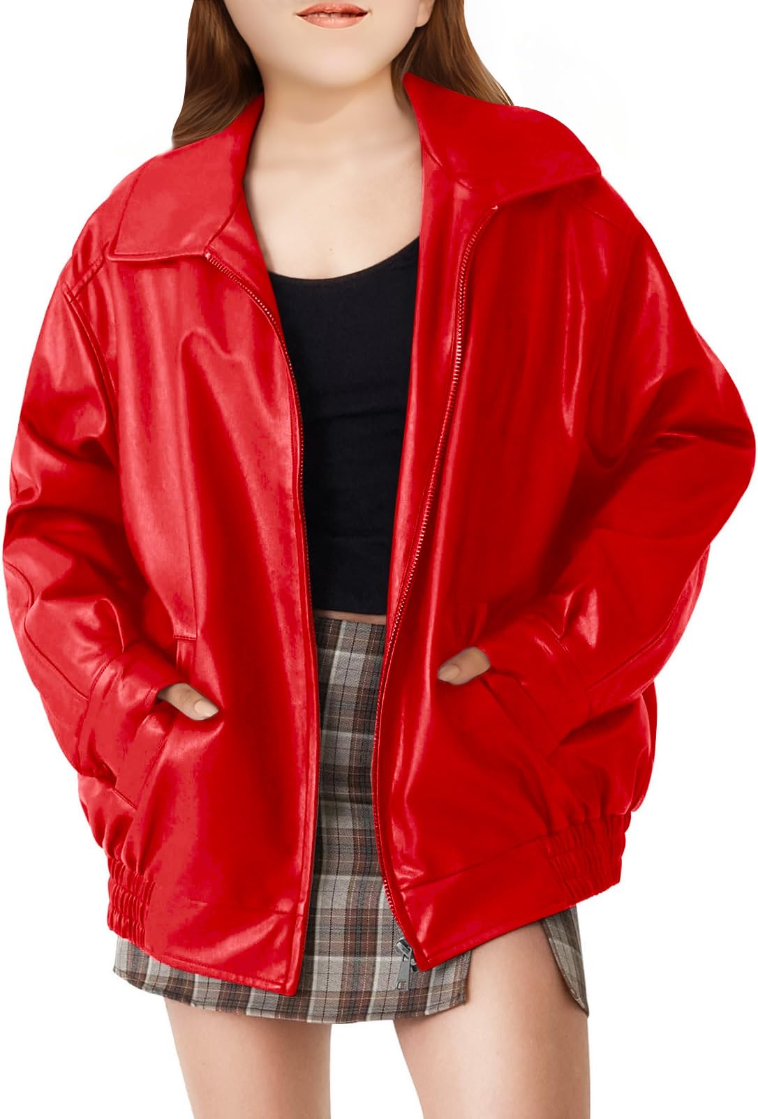 CharmWM Girls Oversized Faux Leather Jackets Kids Zip Up Fall Winter Motorcycle Biker Coats Outerwear